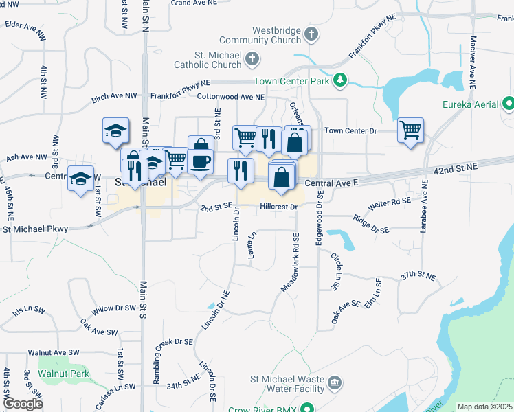 map of restaurants, bars, coffee shops, grocery stores, and more near 361 Hillcrest Drive in Saint Michael