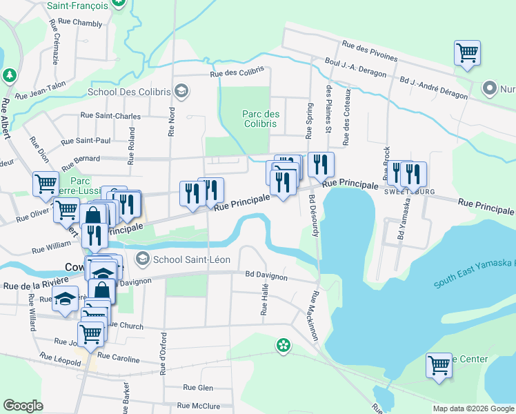 map of restaurants, bars, coffee shops, grocery stores, and more near 334 Rue Principale in Cowansville