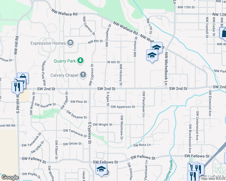 map of restaurants, bars, coffee shops, grocery stores, and more near 1526 Southwest 2nd Street in McMinnville