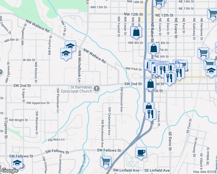 map of restaurants, bars, coffee shops, grocery stores, and more near 308 Southwest 2nd Street in McMinnville
