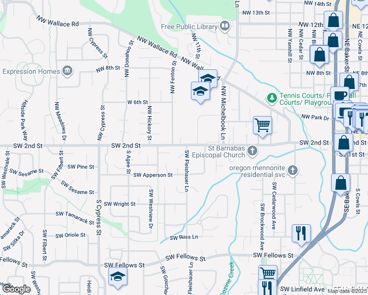 map of restaurants, bars, coffee shops, grocery stores, and more near 120 Southwest Fleishauer Lane in McMinnville