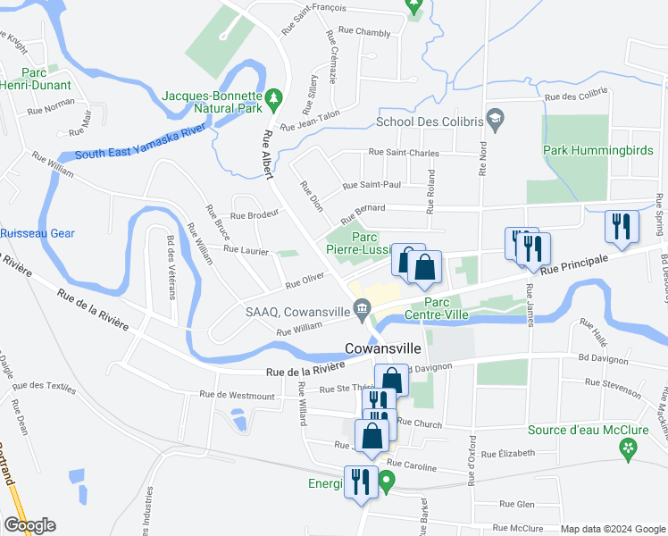 map of restaurants, bars, coffee shops, grocery stores, and more near 200 Rue Albert in Cowansville