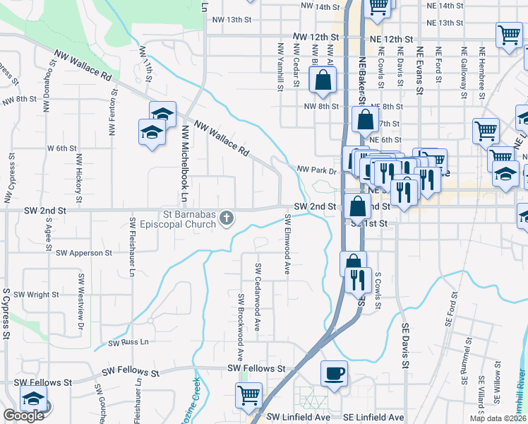 map of restaurants, bars, coffee shops, grocery stores, and more near 641 Southwest Tanglewood Circle in McMinnville