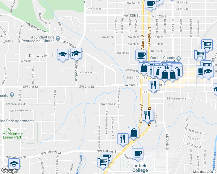 map of restaurants, bars, coffee shops, grocery stores, and more near 641 Southwest Tanglewood Circle in McMinnville