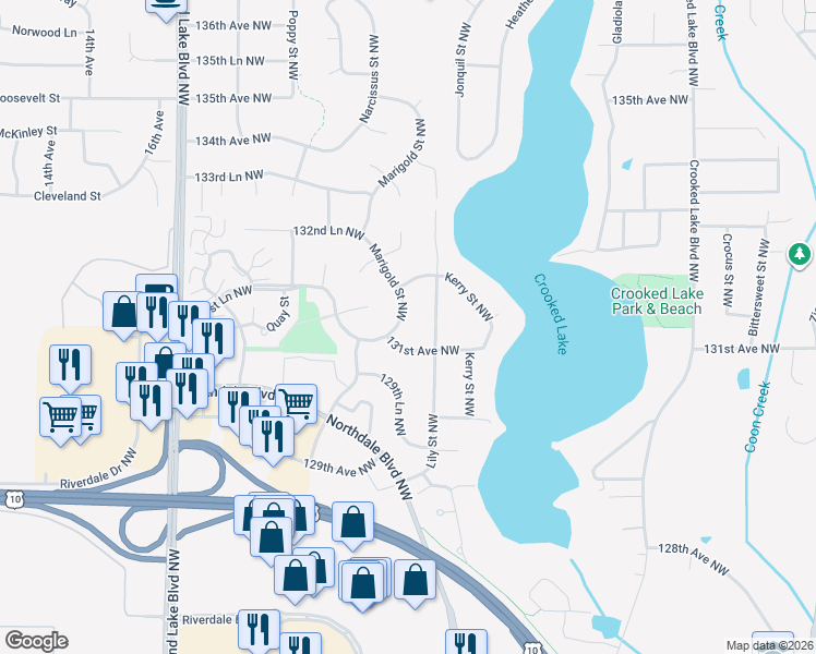 map of restaurants, bars, coffee shops, grocery stores, and more near 3225 131st Avenue Northwest in Minneapolis