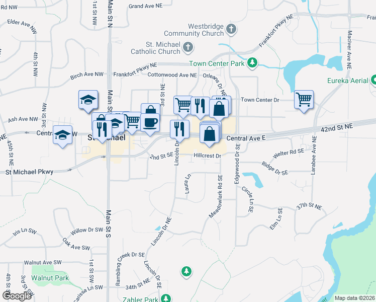 map of restaurants, bars, coffee shops, grocery stores, and more near 301 Hillcrest Drive in Saint Michael