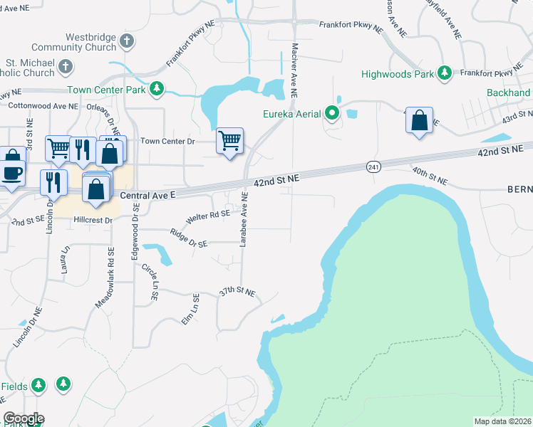map of restaurants, bars, coffee shops, grocery stores, and more near 3850 Larabee Avenue Northeast in Saint Michael