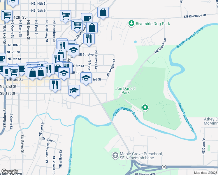 map of restaurants, bars, coffee shops, grocery stores, and more near 100 Southeast Anne Street in McMinnville