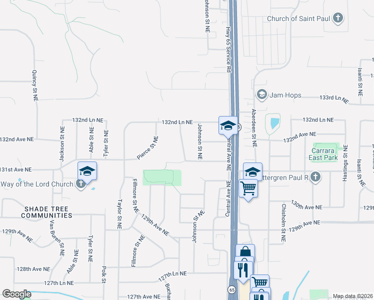 map of restaurants, bars, coffee shops, grocery stores, and more near 1252 131st Lane Northeast in Blaine