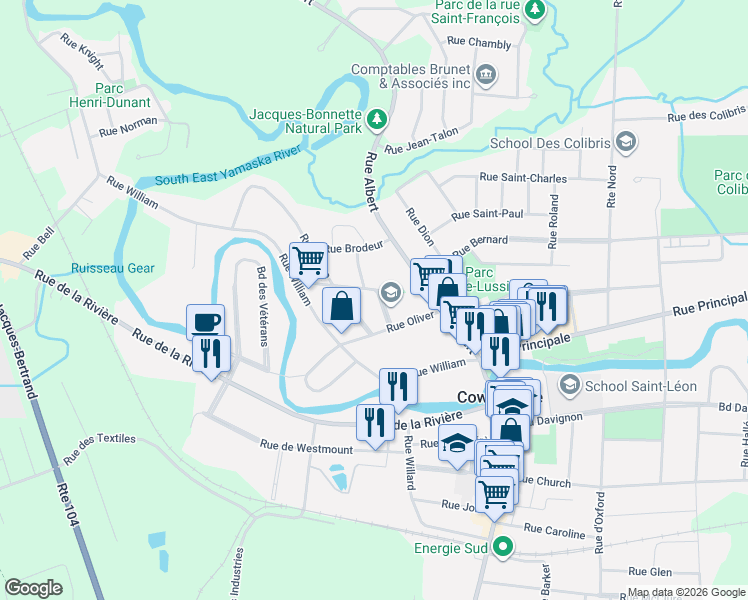 map of restaurants, bars, coffee shops, grocery stores, and more near 111 Rue Laurier in Cowansville