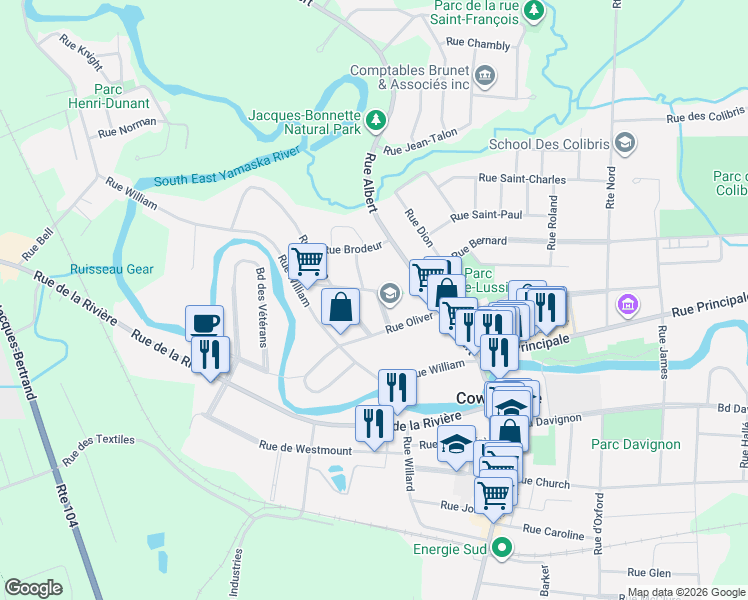 map of restaurants, bars, coffee shops, grocery stores, and more near 111 Rue Laurier in Cowansville