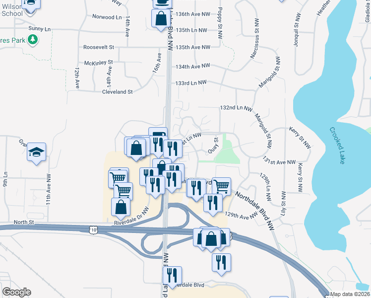 map of restaurants, bars, coffee shops, grocery stores, and more near 13138 Rose Street in Minneapolis