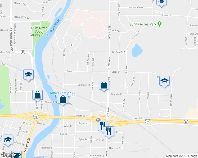 map of restaurants, bars, coffee shops, grocery stores, and more near 626 Grant Street in Anoka