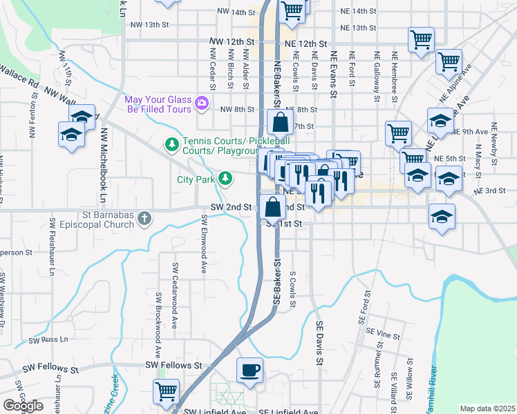 map of restaurants, bars, coffee shops, grocery stores, and more near NE 2nd St & SW 2nd St in McMinnville