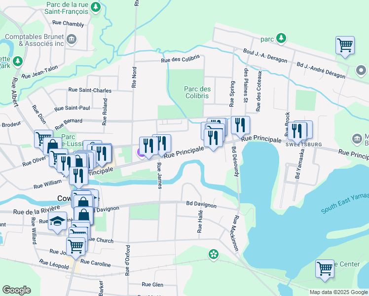 map of restaurants, bars, coffee shops, grocery stores, and more near 323 Rue Principale in Cowansville