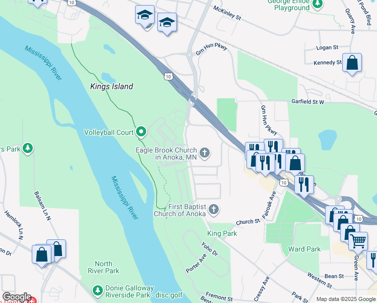 map of restaurants, bars, coffee shops, grocery stores, and more near 2844 Cutters Grove Avenue in Anoka