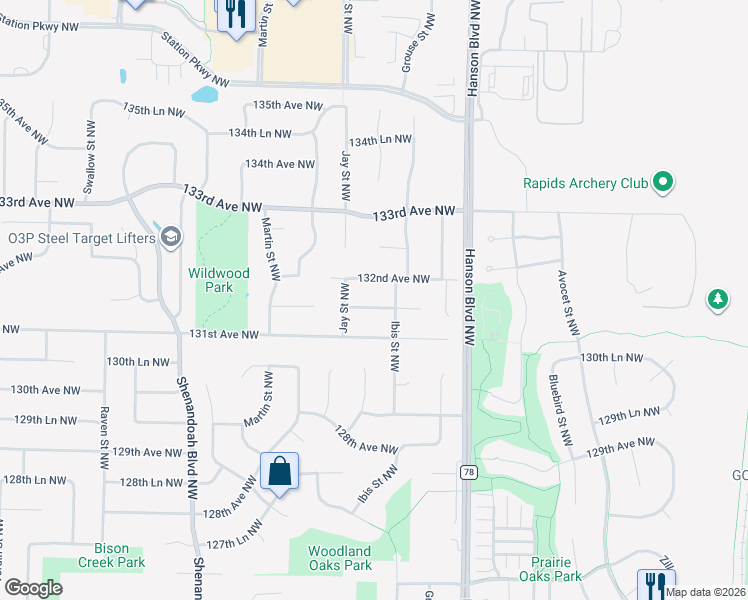 map of restaurants, bars, coffee shops, grocery stores, and more near 1762 132nd Avenue Northwest in Minneapolis