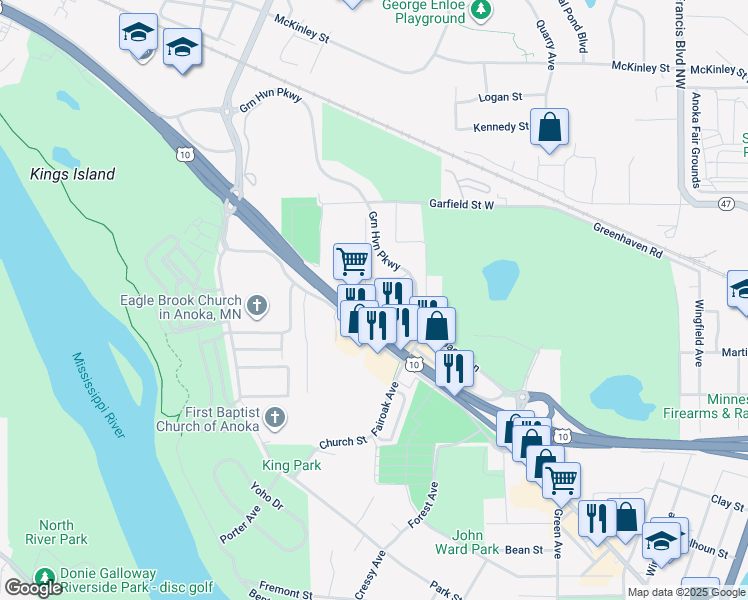 map of restaurants, bars, coffee shops, grocery stores, and more near 2829 Euclid Avenue in Anoka