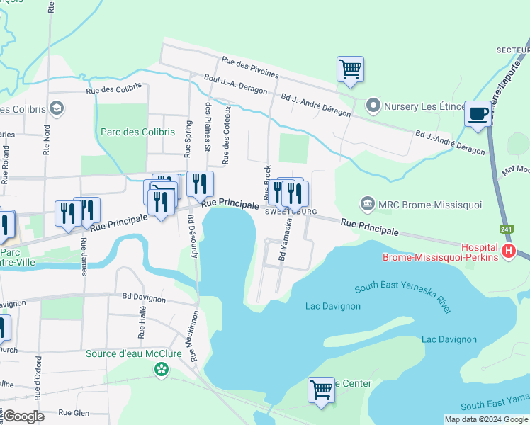 map of restaurants, bars, coffee shops, grocery stores, and more near 460 Rue Principale in Cowansville