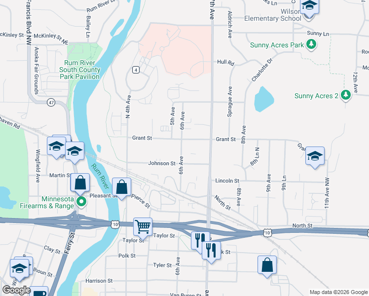 map of restaurants, bars, coffee shops, grocery stores, and more near 2930 6th Avenue in Anoka