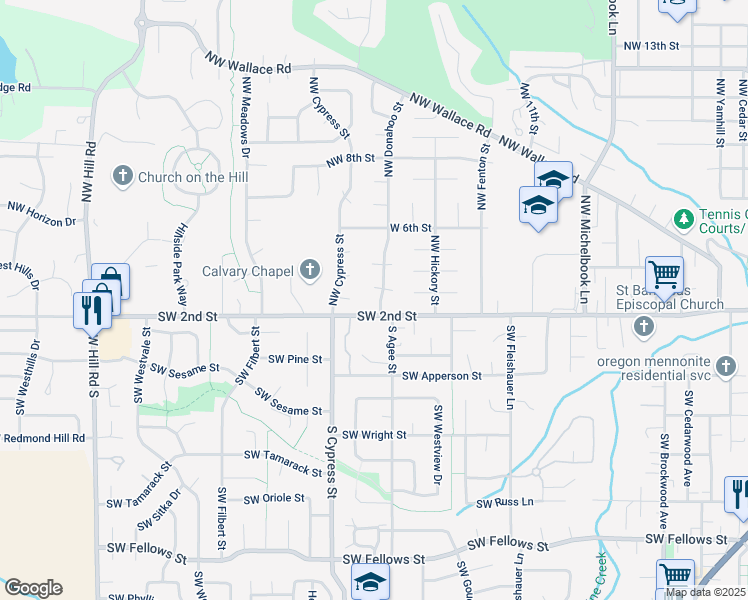 map of restaurants, bars, coffee shops, grocery stores, and more near 399 Northwest Donahoo Street in McMinnville