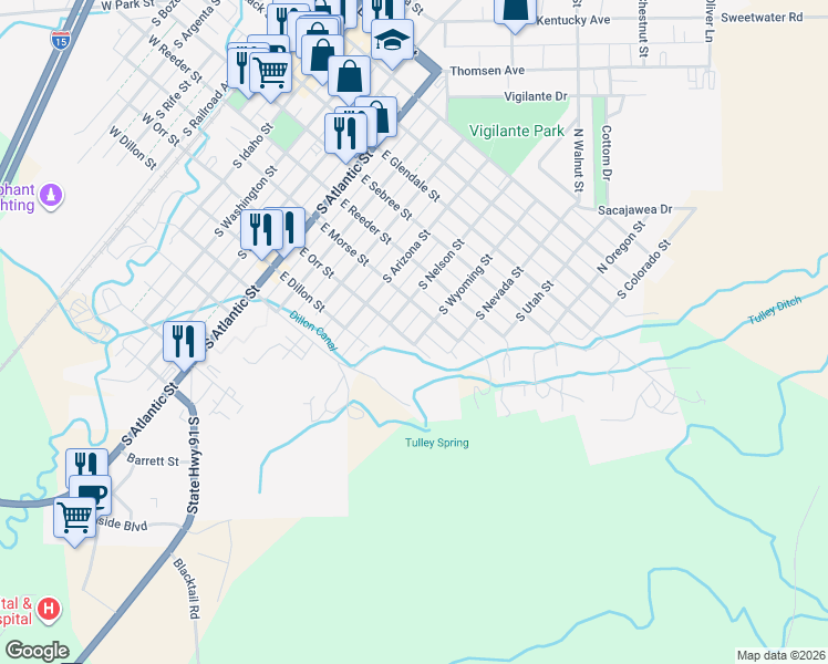 map of restaurants, bars, coffee shops, grocery stores, and more near 811 East Orr Street in Dillon