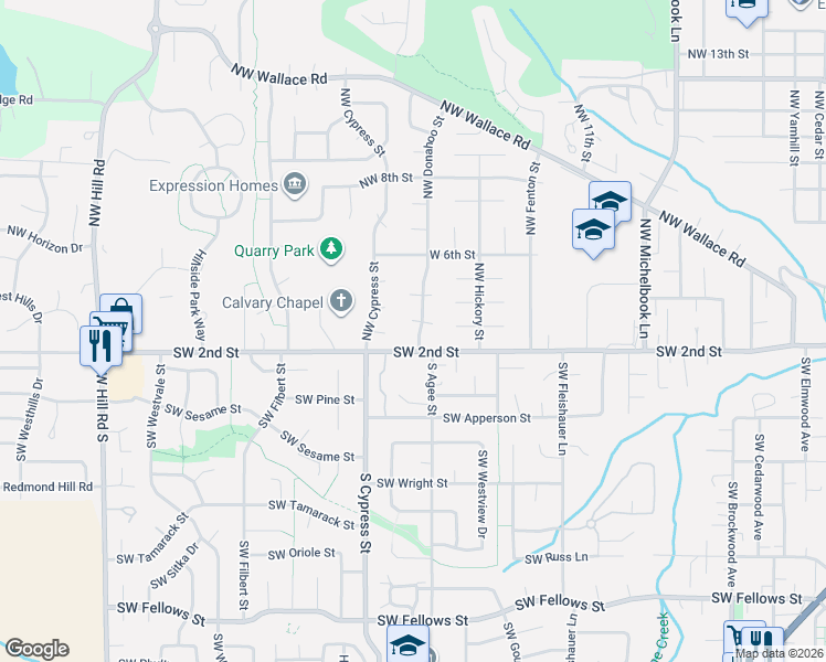 map of restaurants, bars, coffee shops, grocery stores, and more near 245 Northwest Donahoo Street in McMinnville