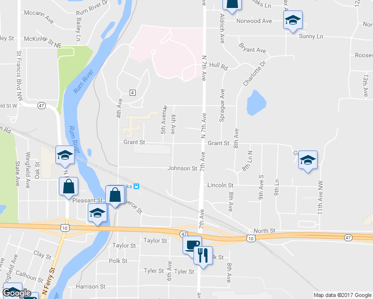 map of restaurants, bars, coffee shops, grocery stores, and more near 626 Grant Street in Anoka