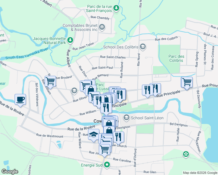 map of restaurants, bars, coffee shops, grocery stores, and more near 155 Boulevard de Dieppe in Cowansville