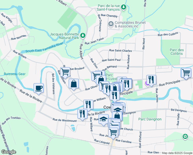 map of restaurants, bars, coffee shops, grocery stores, and more near 218 Rue Albert in Cowansville