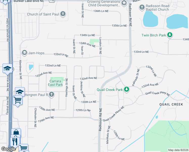 map of restaurants, bars, coffee shops, grocery stores, and more near 13221 Kenyon Street Northeast in Blaine