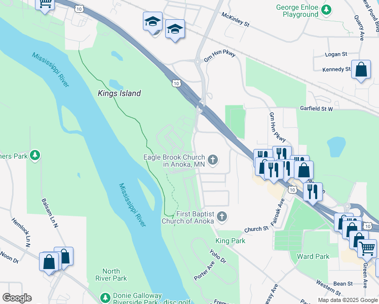 map of restaurants, bars, coffee shops, grocery stores, and more near 2831 Cutters Grove Avenue in Anoka