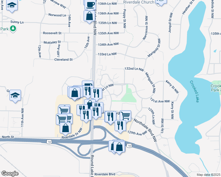 map of restaurants, bars, coffee shops, grocery stores, and more near 13138 Rose Street in Minneapolis