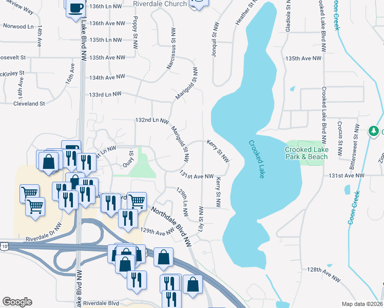 map of restaurants, bars, coffee shops, grocery stores, and more near 13165 Marigold Street Northwest in Minneapolis