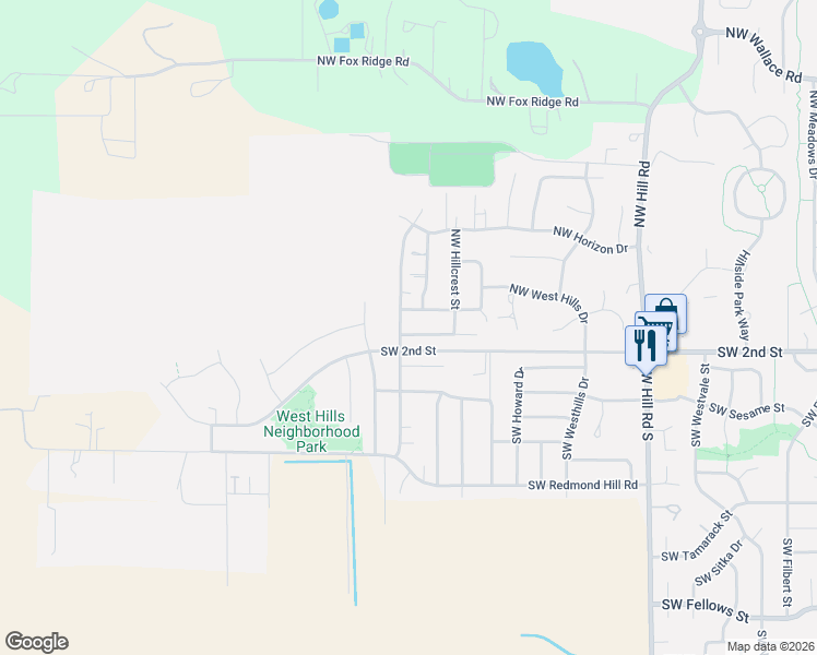 map of restaurants, bars, coffee shops, grocery stores, and more near 2695 Northwest Mount Ashland Drive in McMinnville