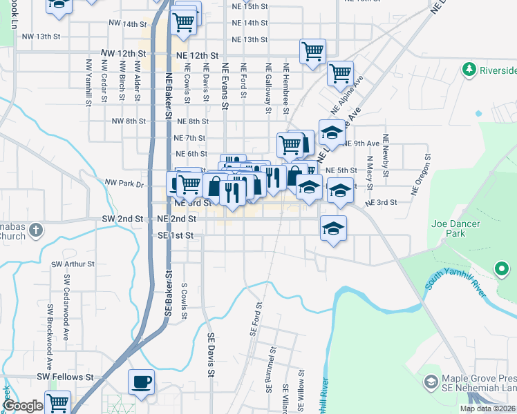 map of restaurants, bars, coffee shops, grocery stores, and more near 701 Northeast 3rd Street in McMinnville