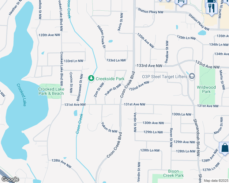 map of restaurants, bars, coffee shops, grocery stores, and more near 13175 Yukon Street Northwest in Minneapolis