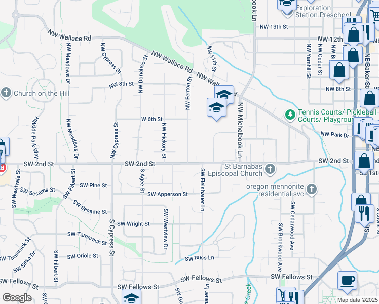 map of restaurants, bars, coffee shops, grocery stores, and more near 1355 West 2nd Street in McMinnville