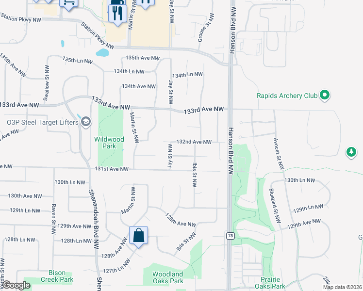 map of restaurants, bars, coffee shops, grocery stores, and more near 1762 132nd Avenue Northwest in Minneapolis
