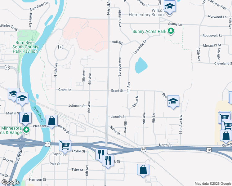 map of restaurants, bars, coffee shops, grocery stores, and more near 728 Grant Street in Anoka