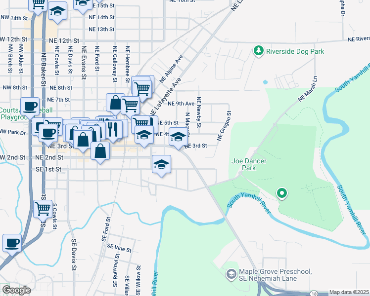 map of restaurants, bars, coffee shops, grocery stores, and more near 1305 Northeast 3rd Street in McMinnville