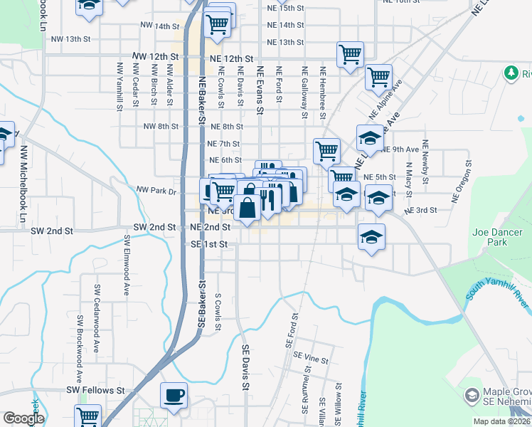 map of restaurants, bars, coffee shops, grocery stores, and more near 237 Northeast Ford Street in McMinnville