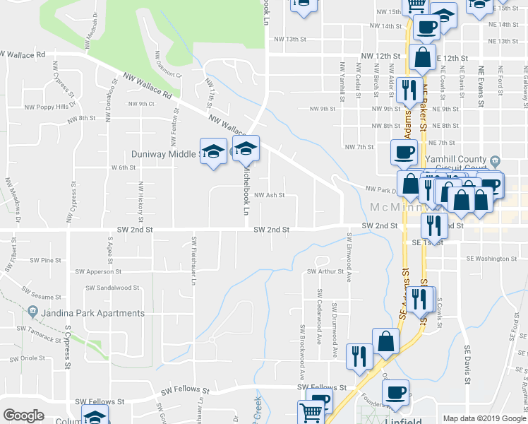 map of restaurants, bars, coffee shops, grocery stores, and more near 862 Northwest Ash Street in McMinnville