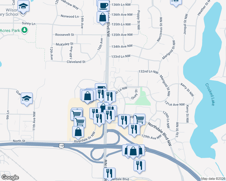 map of restaurants, bars, coffee shops, grocery stores, and more near 13154 Meadowood Curve Northwest in Minneapolis