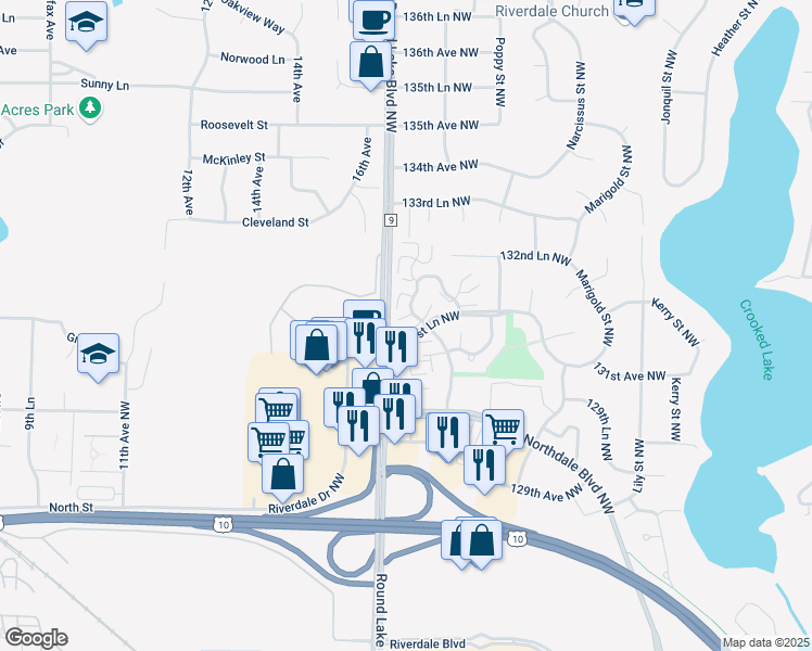 map of restaurants, bars, coffee shops, grocery stores, and more near 13154 Meadowood Curve Northwest in Minneapolis
