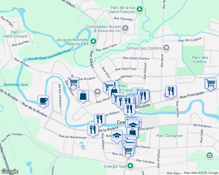 map of restaurants, bars, coffee shops, grocery stores, and more near 220 Rue Bernard in Cowansville