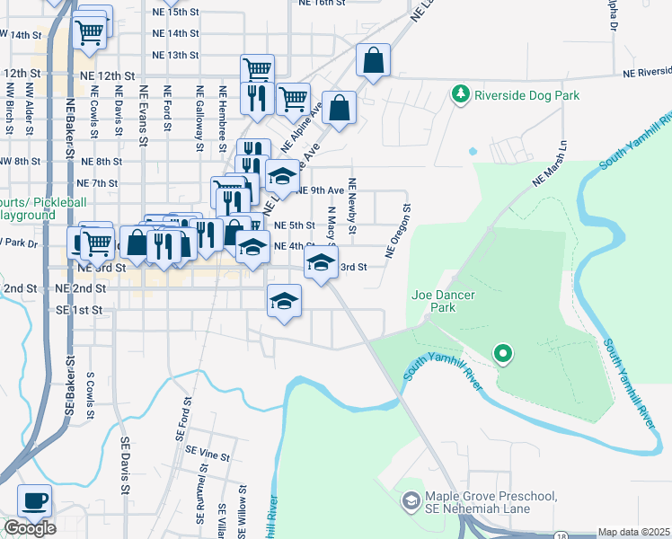map of restaurants, bars, coffee shops, grocery stores, and more near 1305 Northeast 3rd Street in McMinnville