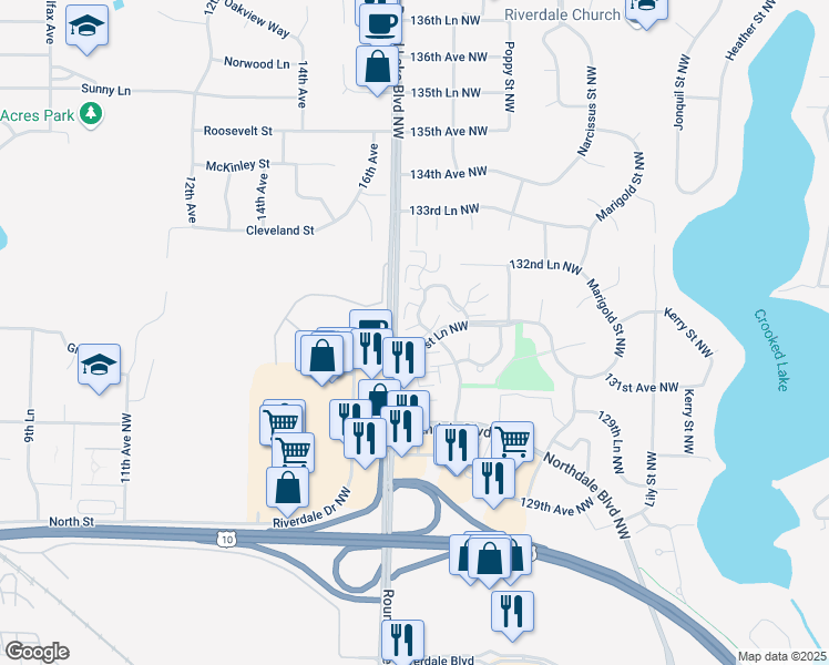 map of restaurants, bars, coffee shops, grocery stores, and more near 13154 Meadowood Curve Northwest in Minneapolis