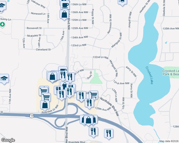map of restaurants, bars, coffee shops, grocery stores, and more near 13148 Quay Street in Minneapolis