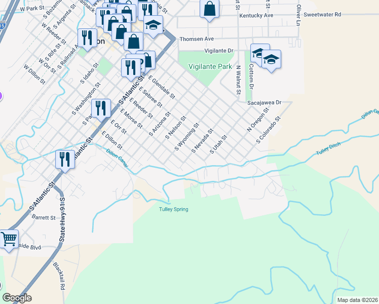 map of restaurants, bars, coffee shops, grocery stores, and more near 1001-1021 East Reeder Street in Dillon
